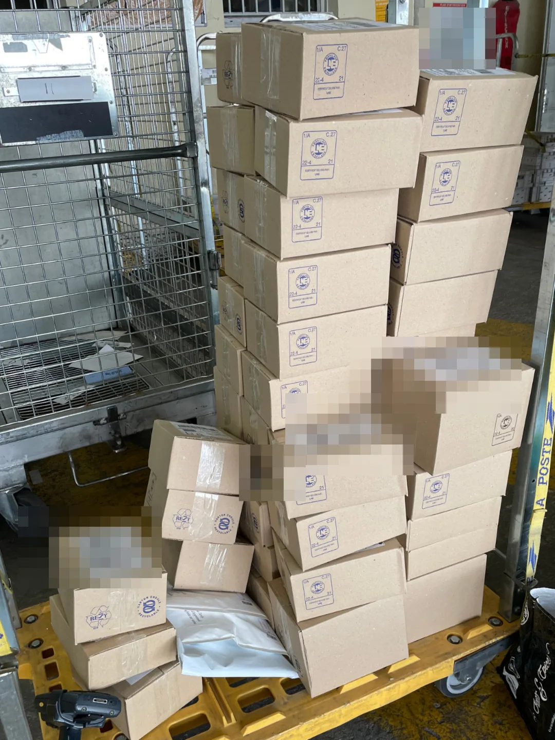 Dépôt des colis au bureau de poste avec un chariot