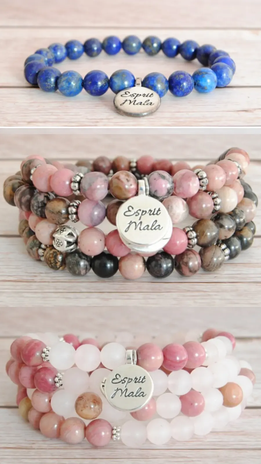 Bracelets en pierres naturelles : lapis-lazuli, rhodonite, quartz