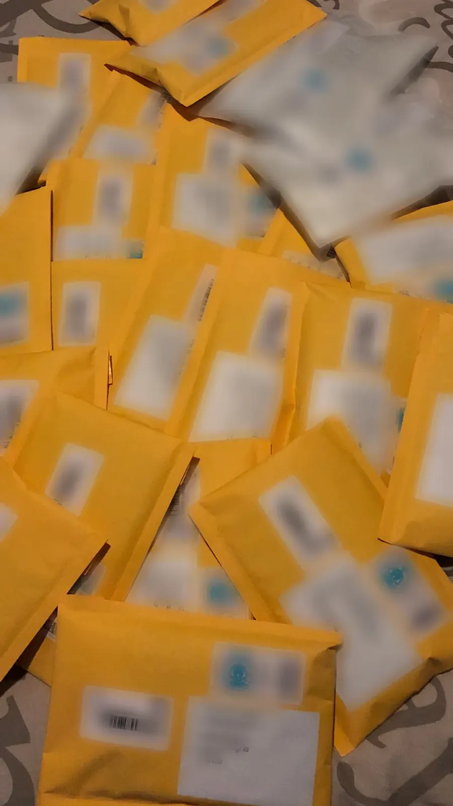 Colis préparés avec étiquettes La Poste, adresses floutées