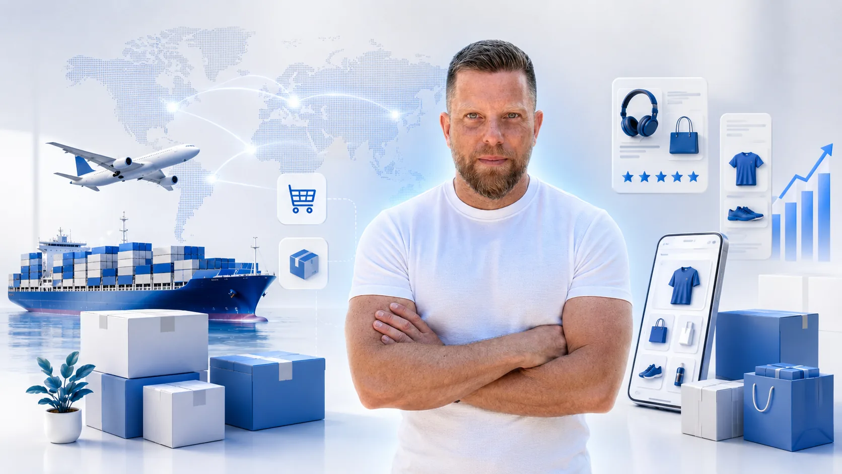 Christophe Millet devant les etapes du e-commerce : porte-conteneurs, avion cargo, colis prepares, boutique en ligne sur smartphone et avis clients