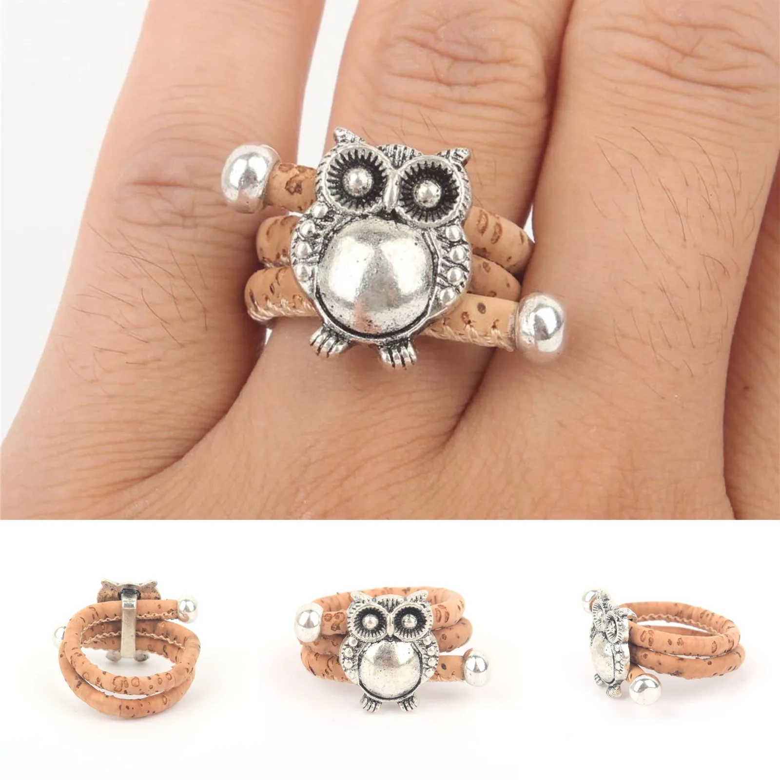 Bague en liège à trois anneaux ornée d’une chouette argentée