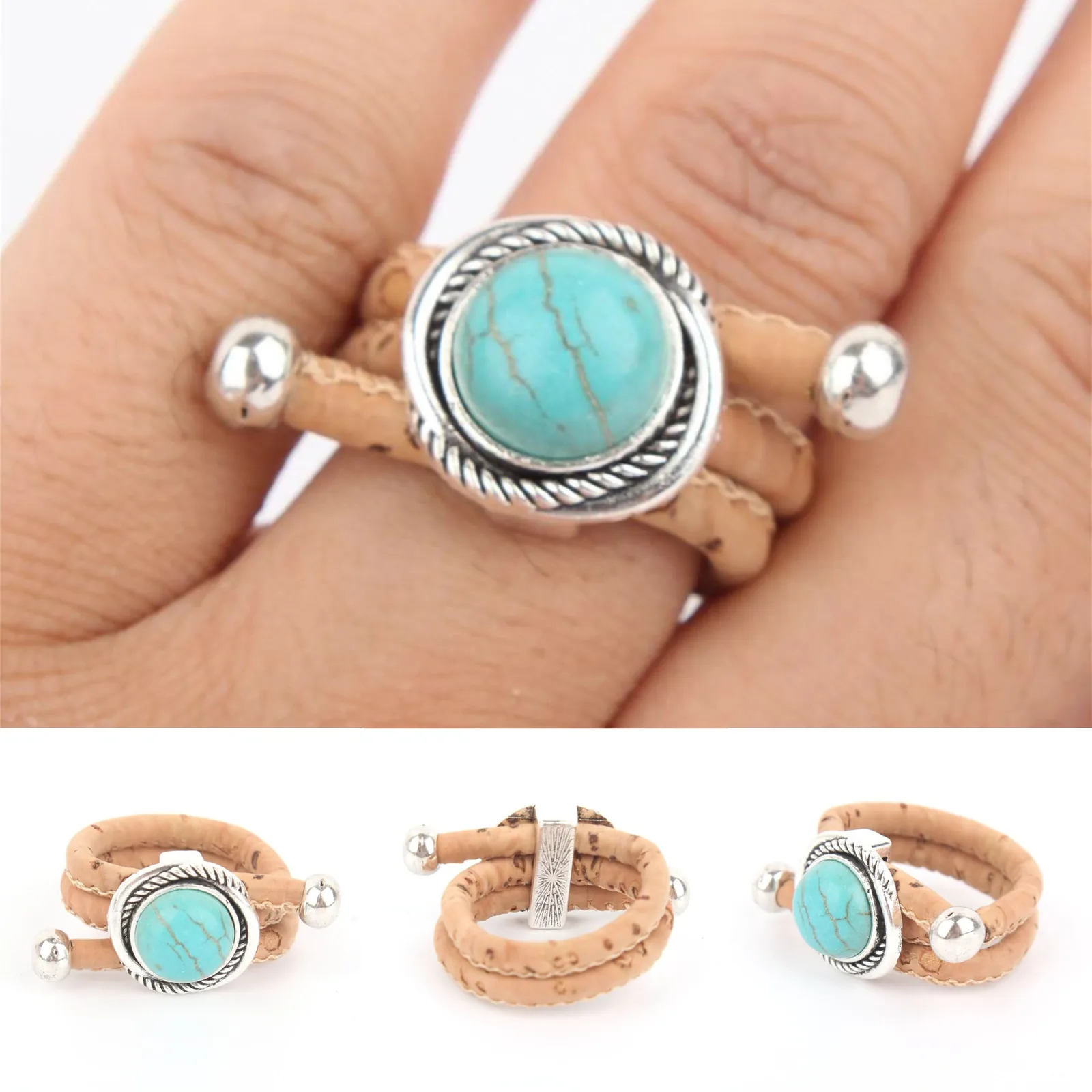 Bague en liège à trois anneaux ornée d’un cabochon turquoise