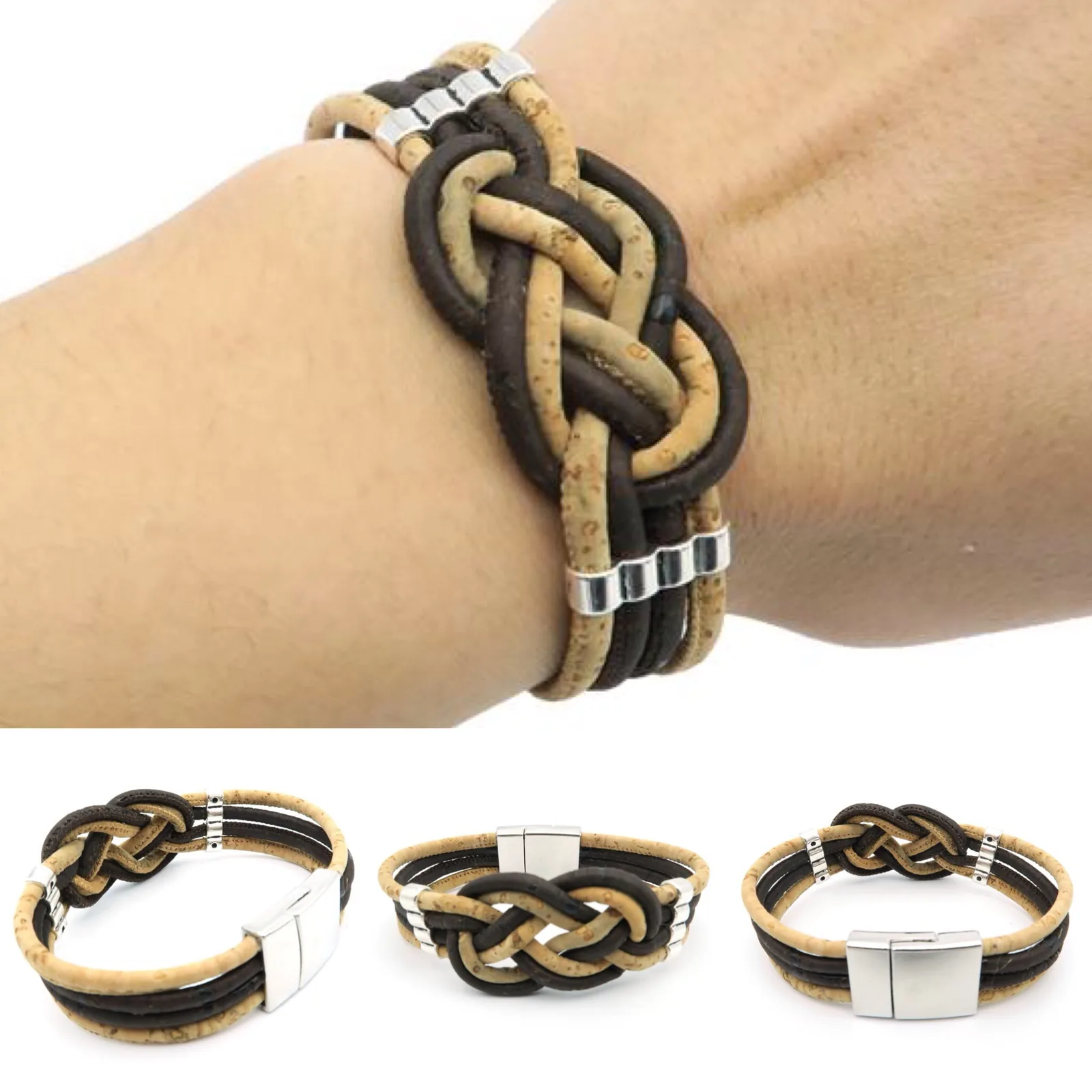 Bracelet en liège tressé en nœud marin porté au poignet, fermoir aimanté