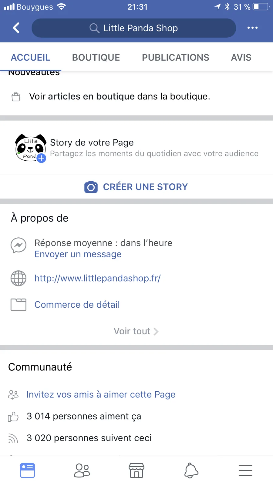 Page Facebook d’une boutique en ligne affichant plus de 3 000 abonnés