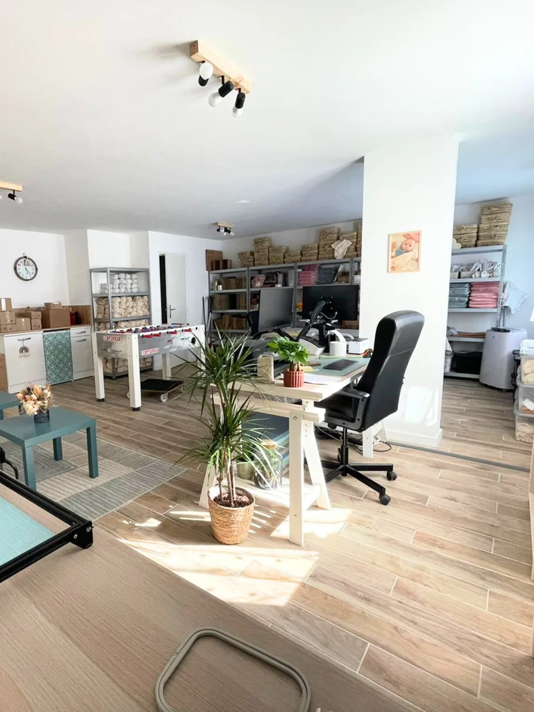 Vue d’ensemble du premier atelier : bureau, rayonnages, plantes et cartons