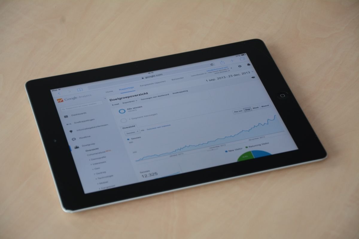 Une tablette numérique affichant un tableau de bord d'analyse web avec des