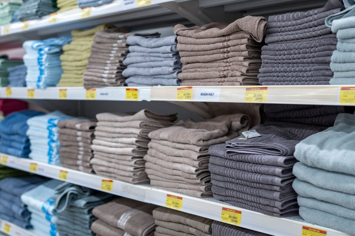 Serviettes bien pliées de différentes couleurs empilées sur des étagères de