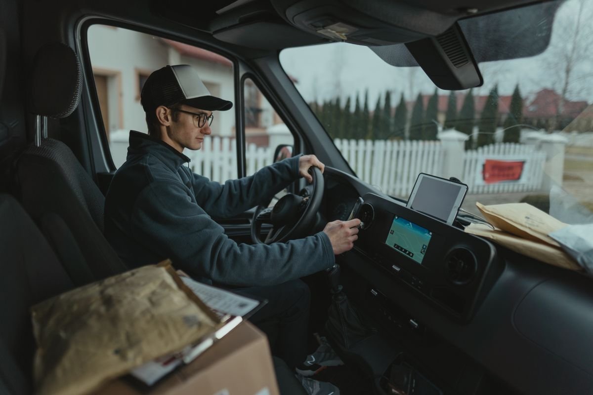 Coursier conduisant une camionnette avec des colis, utilisant un GPS pour un