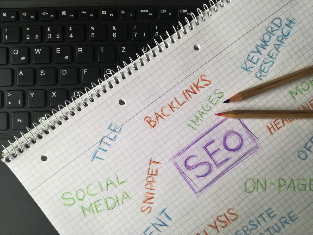 Le référencement d'une boutique en ligne, sans jargon Gros plan sur un carnet avec des termes et mots-clés SEO
